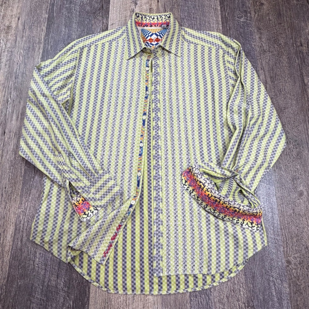 Robert Graham Button Up Shirt Mens L / XL Green Striped Jacquard Embroidered